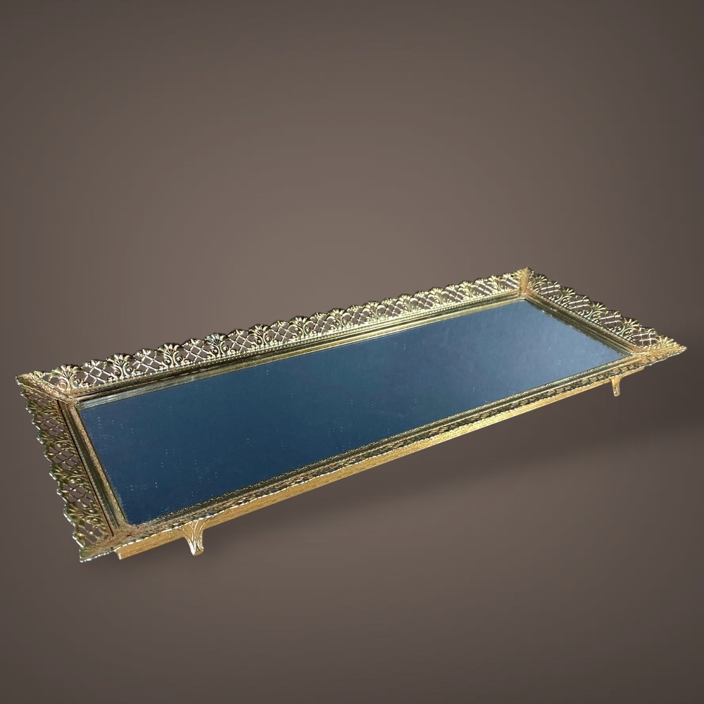 Gold Filigree Mirrored Vanity Tray Footed Hollywood Regency 1960s
